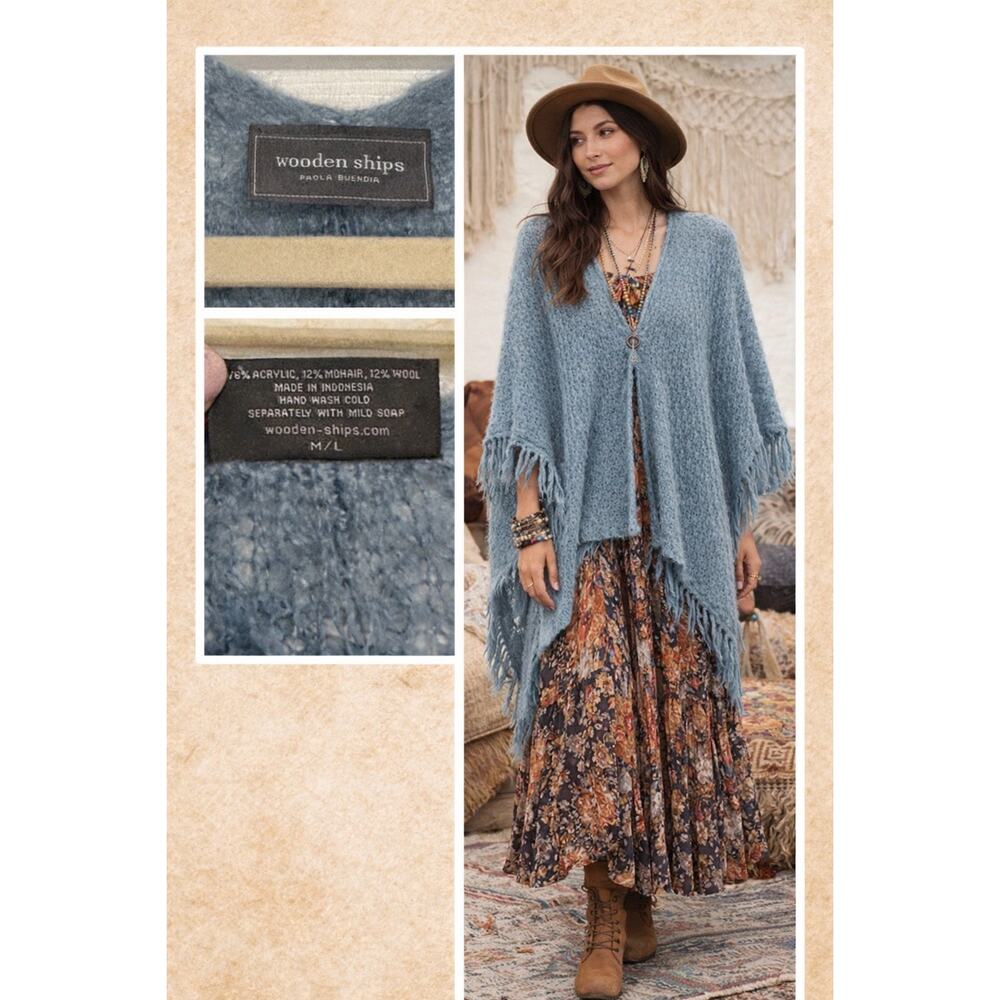 Wooden Ships fuzzy Blue Mohair Wool Poncho Kimono Half Sleeve Sweater Sz Med